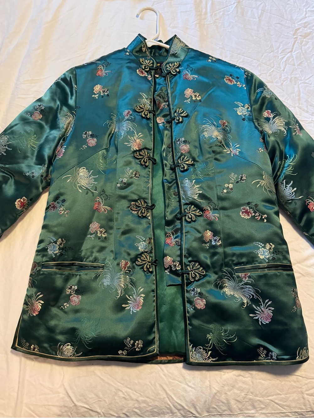 Vintage Emerald Green Silk Brocade Mandarin Collar Jacket